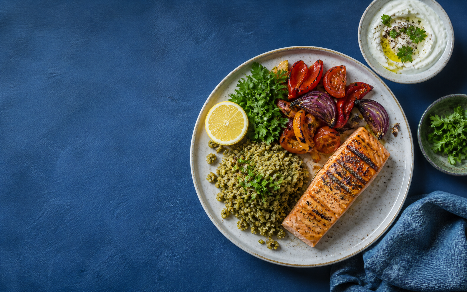 Balanced salmon, freekeh, and roasted vegetable meal